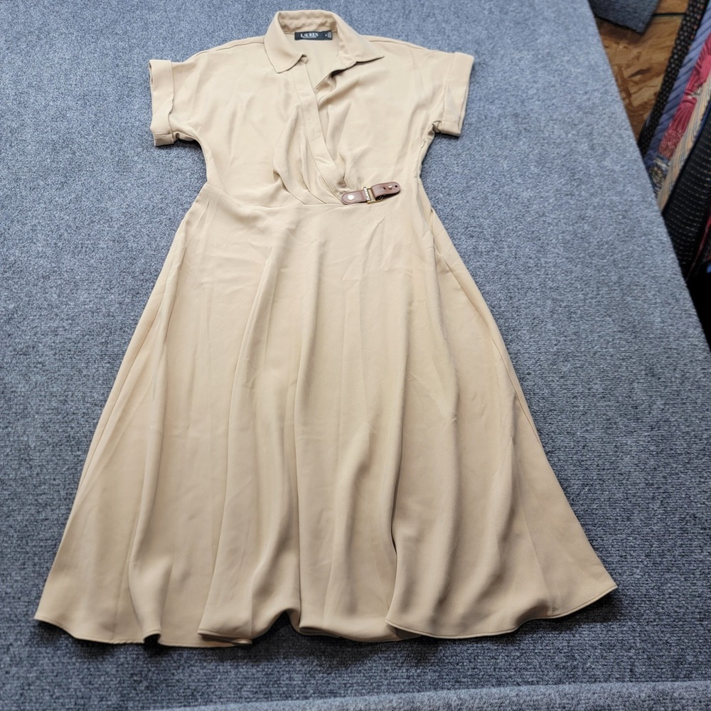 Lauren Ralph Lauren Tan Beige Faux Leather Buckle Wrap Midi Dress Size 6